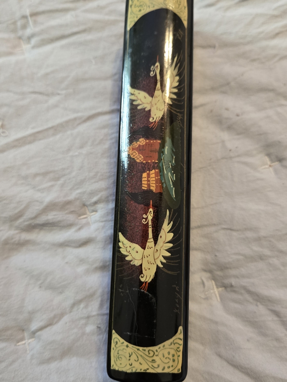 Hand-Painted Black Lacquer Decorative Box with Crane Motif